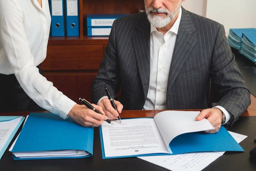 Un notaio che autentica la firma su un contratto di divisione ereditaria